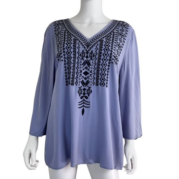 J Jill Size M Blue Embroidered Bell Sleeve Pullover Aztec Blouse NEW Top Coastal - Picture 1 of 16